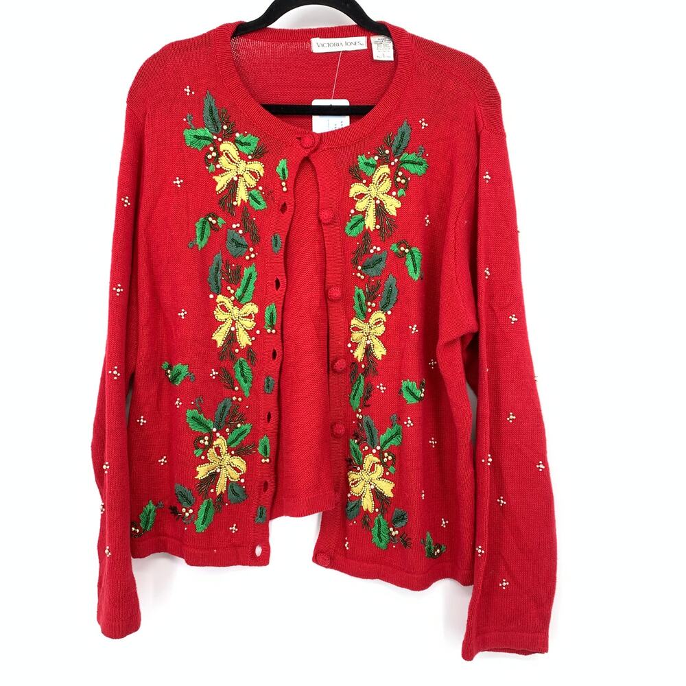 Victoria Jones Womens L Red Christmas Cardigan Beaded Embroidered Floral Sweater